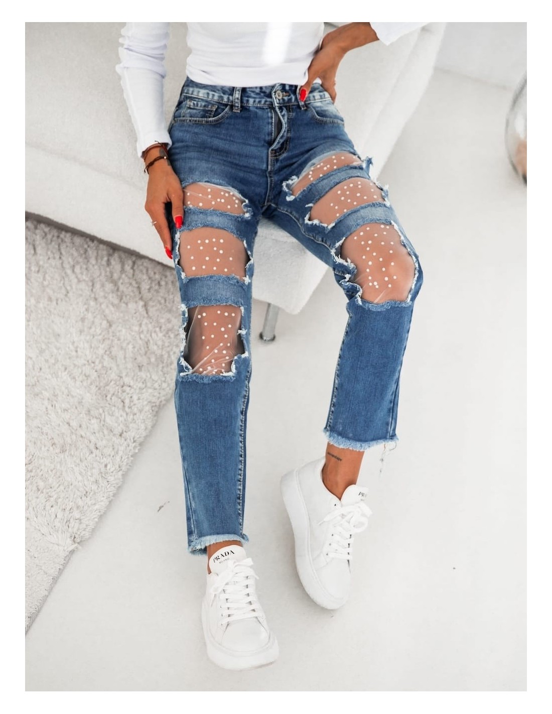 Denim pants with holes and beads 6211 - Online store - Boutique